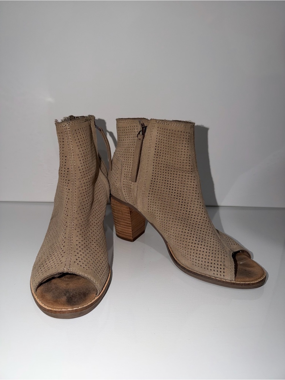 Toms Beige Perforated Suede Peep-Toe Ankle Boots